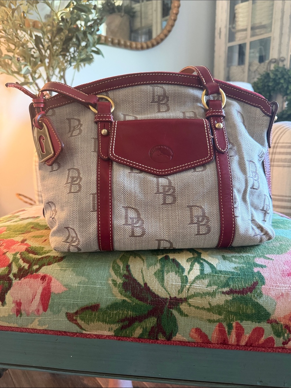 Dooney & Bourke Beige Canvas Tote with Red Leather Trim